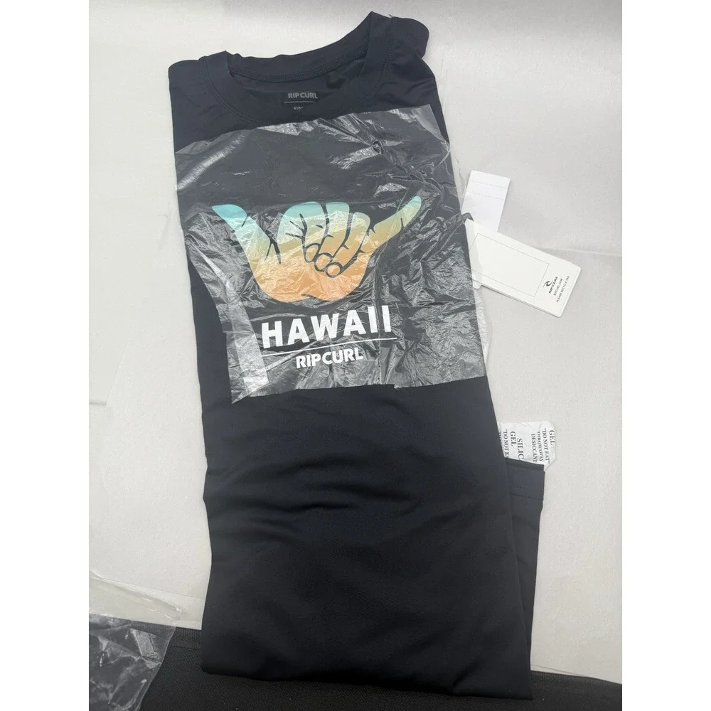 Rip Curl Hawaii Long Sleeve Rash Guard Tshirt Youth Size 16/XL Black UPF 50 READ